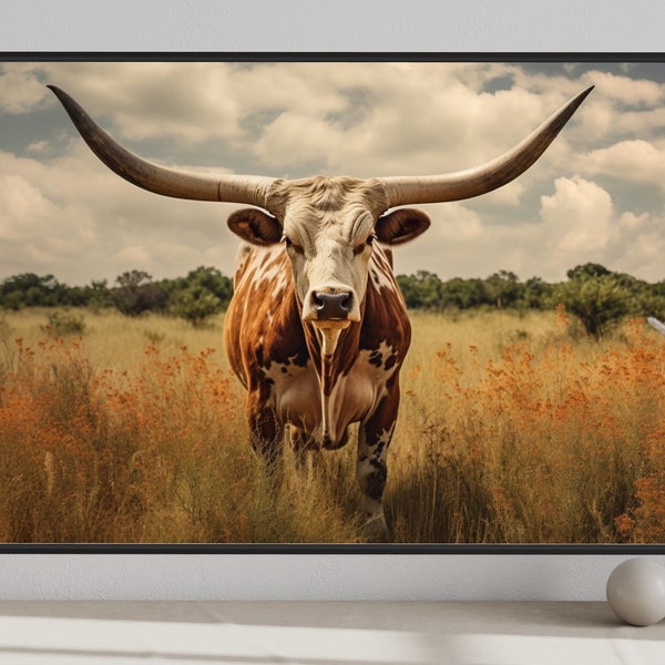 Sepia Texas Longhorn Wall Art - Photography Canvas Print - Rustic Farmhouse Decor - Longhorn Painting -  Framed Or Unframed Ready To Hang