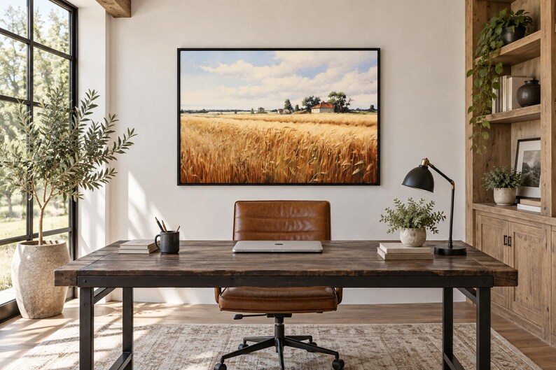 May include: A rectangular wall art print in a black frame depicting a golden wheat field under a blue sky with clouds, mounted on a white wall above a dark wood desk with a brown leather office chair, a laptop, and a black desk lamp.