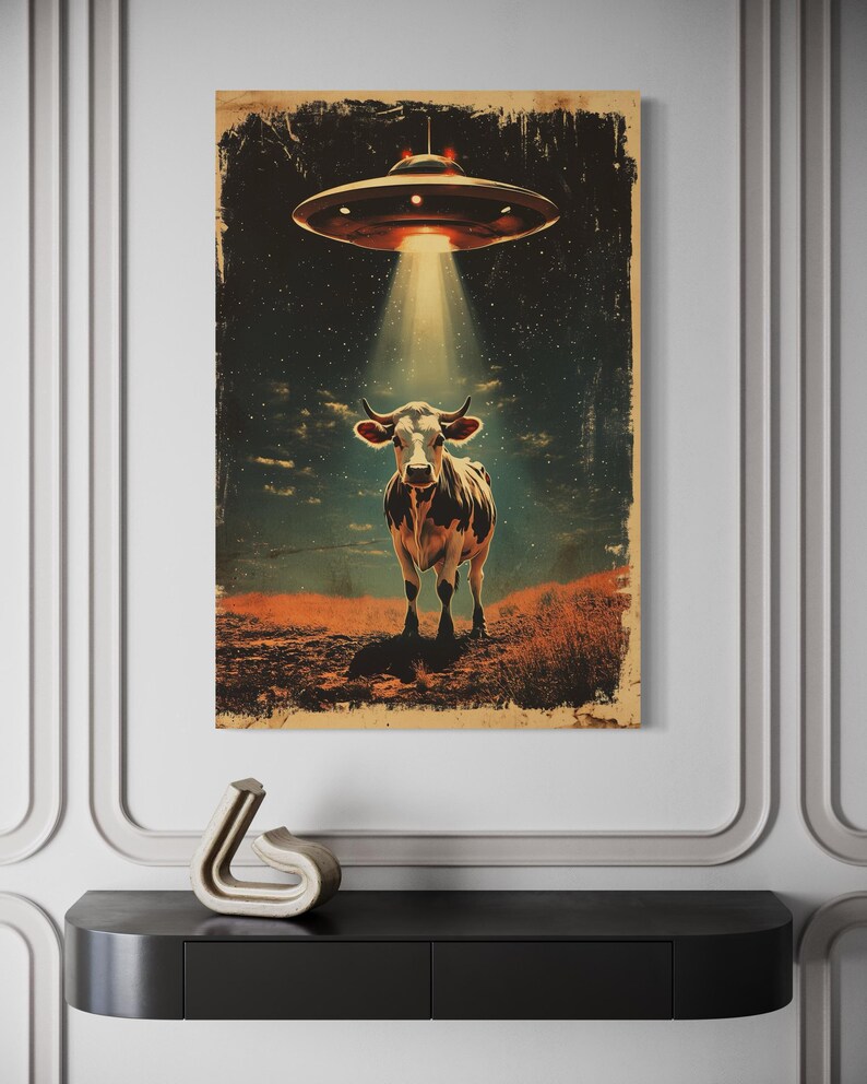 UFO Cow Abduction Wall Art, Retro Sci Fi Space Themed Poster Style ...