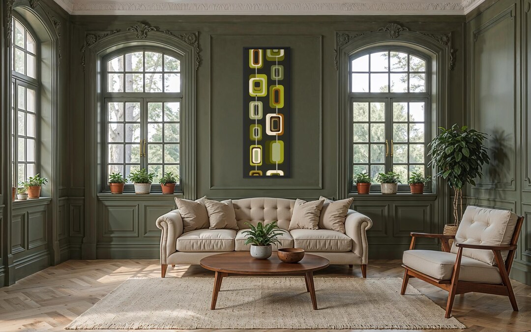 Mid Century Modern Geometric Wall Art Canvas Print, Retro Olive Green ...