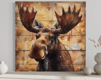 Cute Moose Portrait on Distressed Wood Painting Canvas PRINT, Lodge or Cabin Decor, Rustic Wildlife Moose Wall Art, Framed  Ready To Hang