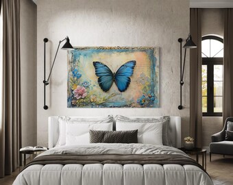 Blue Monarch Butterfly Wall Art - Retro Rustic Style Butterfly Painting, Farmhouse Wall Decor, Framed Ready To Hang