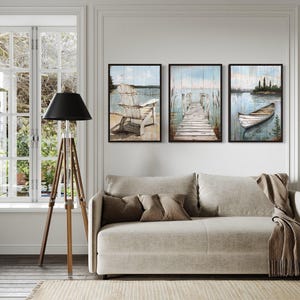 3 Piece Lake House Wall Art, Rustic Cabin Decor,Paintings Of Fishing Dock, Old Boat And  Adirondack Chair Canvas Print Framed Ready To Hang