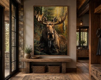 Moose In The Forest Painting Canvas Print - Cabin Wall Art, Wildlife Woodland Animals Wall Decor For Lodge Framed Ready To Hang