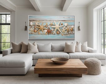 Beach House Wall Art - Starfish  And Shells Painting On Blue Wood Texture Canvas PRINT, Sea Star Coastal Wall Decor Framed Ready To Hang