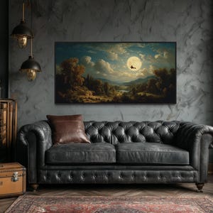 Halloween Wall Art Witch Flying On Broom At Full Moon Landscape Panting Canvas PRINT, Gothic Wall Decor Framed Ready To Hang
