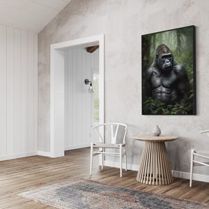 a serene indoor setting with a large painting of a gorilla hanging on the wall, a wooden table and two white chairs, and a large window providing natural light.