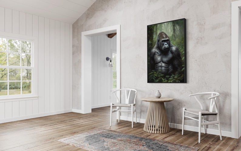 a serene indoor setting with a large painting of a gorilla hanging on the wall, a wooden table and two white chairs, and a large window providing natural light.