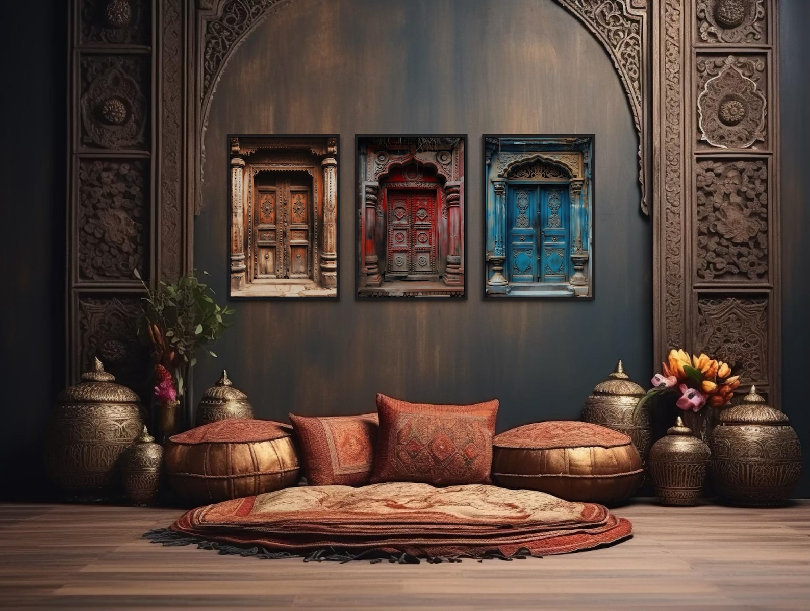 Set of Three Indian Wall Art, Colorful Indian Doors Painting Canvas ...