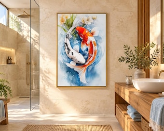 May include: A rectangular wall art print featuring a watercolor painting of two koi fish, one white with black markings and one orange and white, swimming in a circular motion amidst blue water swirls and white floral accents in a gold frame.