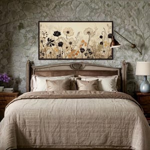 Farmhouse Retro Botanical Wall Art, Black Beige Neutral Wildflowers Painting Canvas PRINT, Rustic Decor, Boho Floral Art Ready To Hang