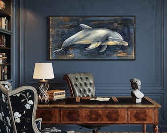 Nautical Wall Art Dolphin Painting on Navy Blue Distressed Wood Canvas PRINT, Rustic Beach House Wall Decor,  Framed Ready To Hang