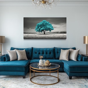 Teal Tree on Black White Background Extra Large Living Room Wall Art - Teal Gray Painting Canvas Print Framed, Unframed, Ready To Hang