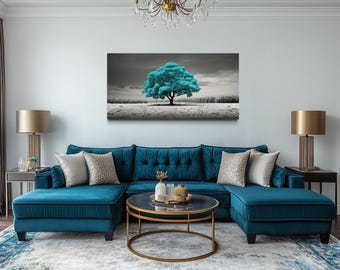 Teal Tree on Black White Background Extra Large Living Room Wall Art - Teal Gray Painting Canvas Print Framed, Unframed, Ready To Hang