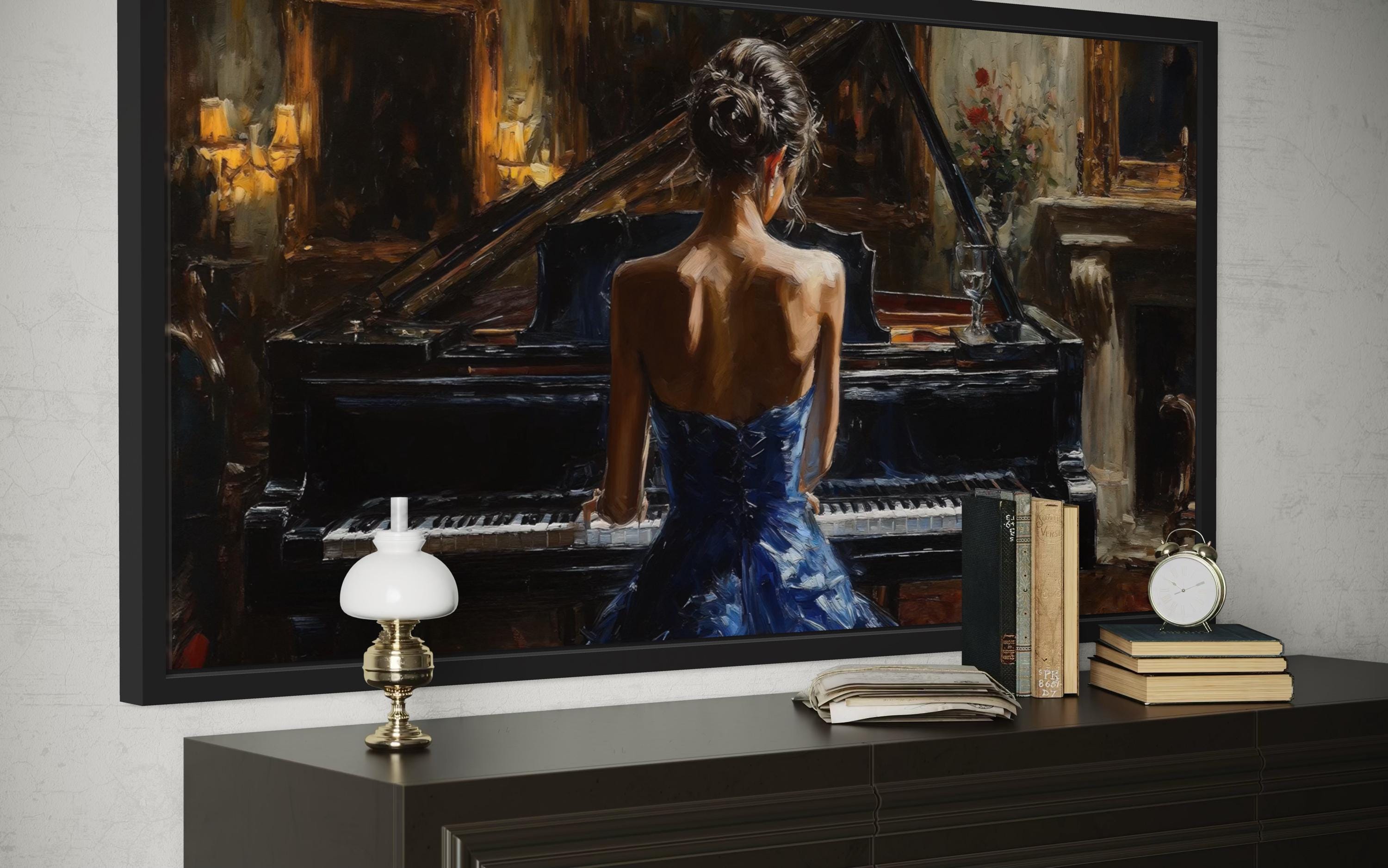 chinese dress ladies Blue Renaissance Wall Art Print Painting Girl Practicing Piano Canvas for  Study Room