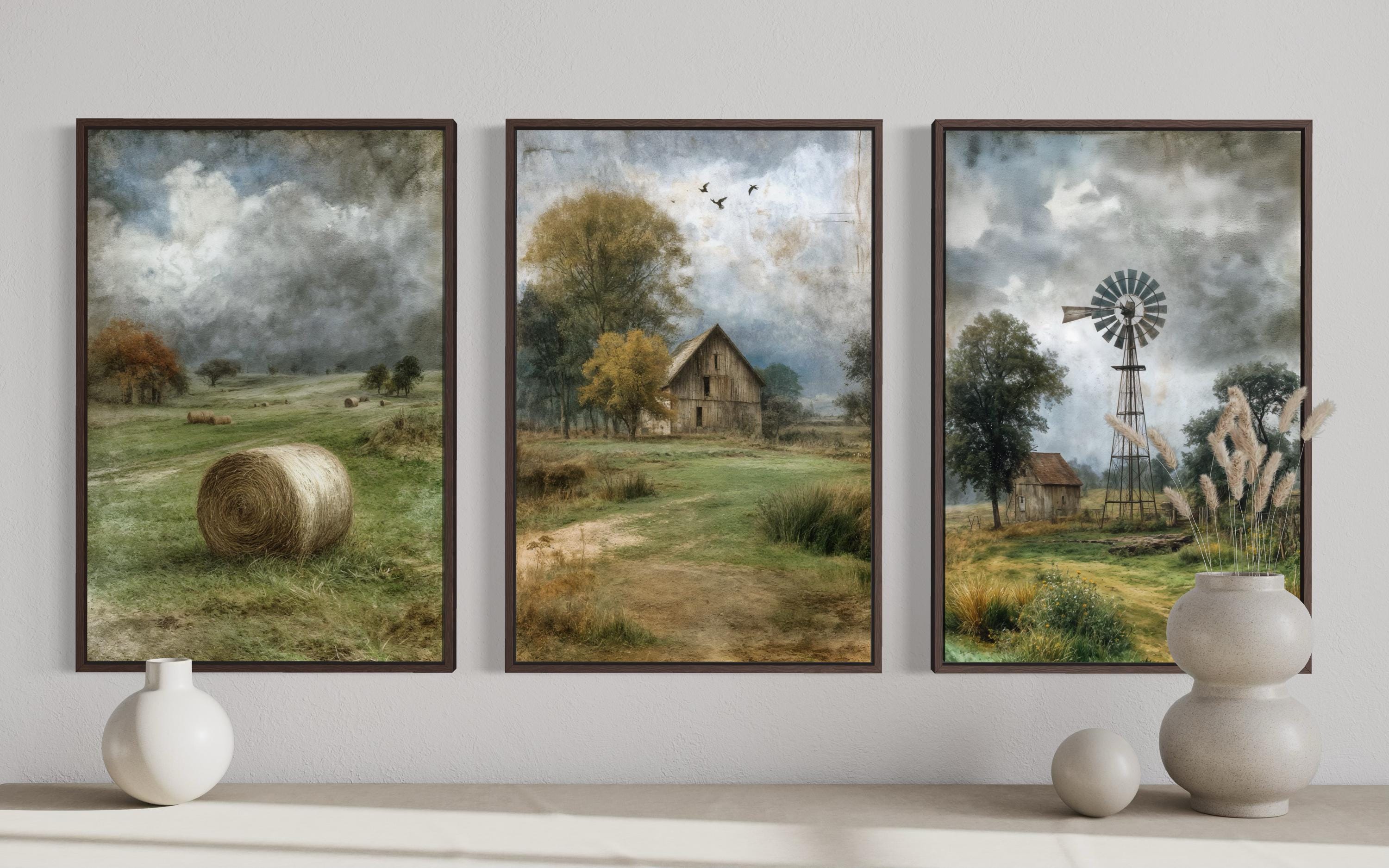 Rustic Farmhouse Wall Decor Set of 3, Neutral Rustic Farm Landscape ...