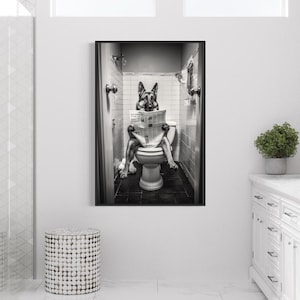 German Shepherd On Toilet Wall Art, Reading Newspaper, Funny Bathroom Art, Toilet Humor Animal Print or Canvas Framed Unframed Ready To Hang