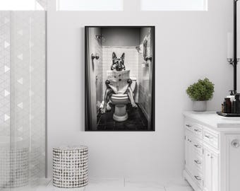 German Shepherd On Toilet Wall Art, Reading Newspaper, Funny Bathroom Art, Toilet Humor Animal Print or Canvas Framed Unframed Ready To Hang