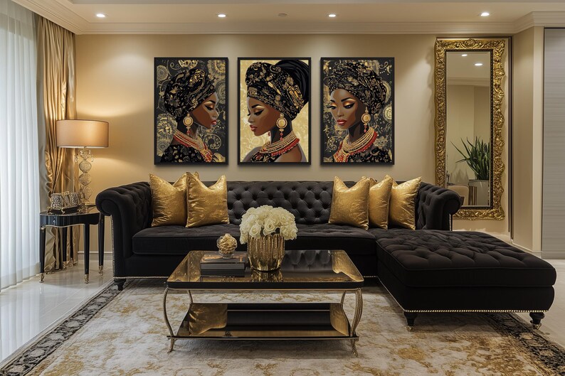 African American Black Woman Set of 3 Canvas Wall Art – Elegant ...