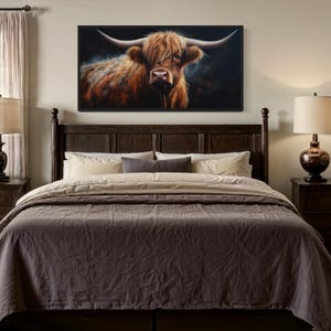 Highland Cow Extra Large Wall Art - Farmhouse, Living Room Art, Scottish Cattle Oil Painting Printed On Canvas Framed Ready To Hang