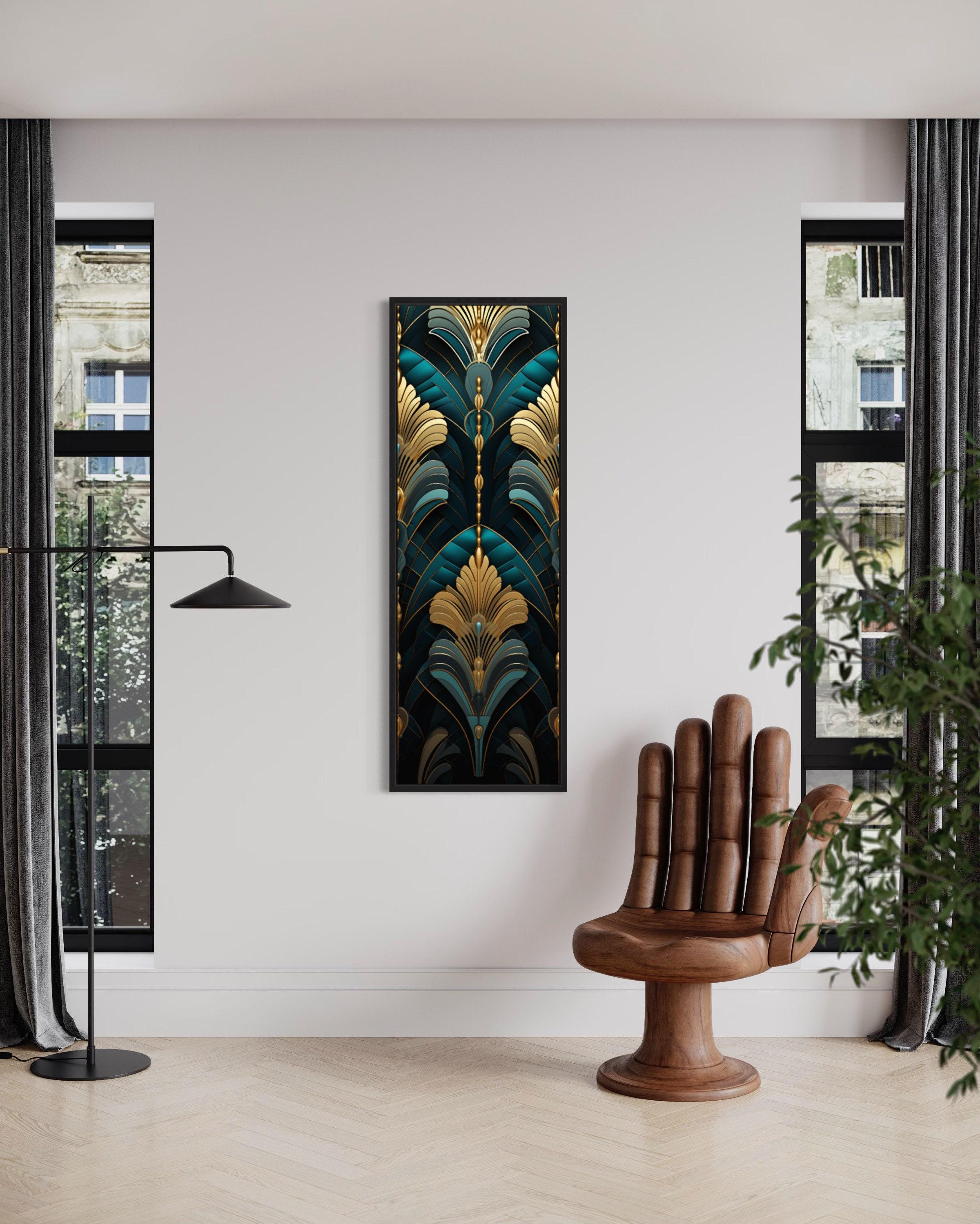 Tall Narrow Wall Art, Art Deco Painting Long Vertical Canvas PRINT, Teal Gold Long Vertical Wall Decor Ready To Hang