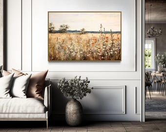 Wildflowers Field Canvas Print - Retro Botanical Boho Painting - Farmhouse Wall Art Framed, Unframed, Ready To Hang