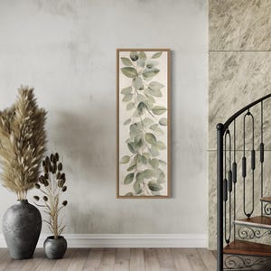 Tall Narrow Vintage Leaves Painting Canvas PRINT, Long Vertical Sage Green Beige Watercolor Retro Wall Art Tall Artwork Ready To Hang