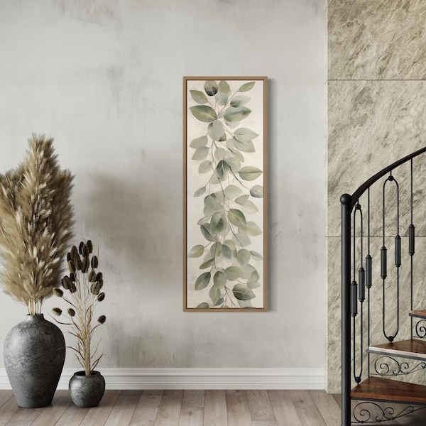 Tall Narrow Vintage Leaves Painting Canvas PRINT, Long Vertical Sage Green Beige Watercolor Retro Wall Art Tall Artwork Ready To Hang