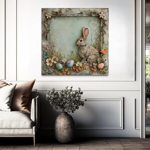 a cozy living room with a large, ornate painting of a rabbit sitting amidst a floral arrangement on the wall. The room is decorated with a plush couch, a vase of greenery, and a dining table with chairs.