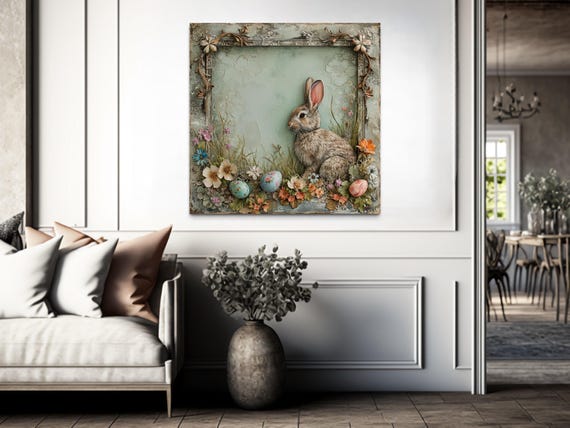 Shabby Chic Easter Bunny Wall Art, Rustic Easter Rabbit With Eggs Painting Canvas PRINT, Farmhouse Wall Art, Easter Decor  Ready To Hang