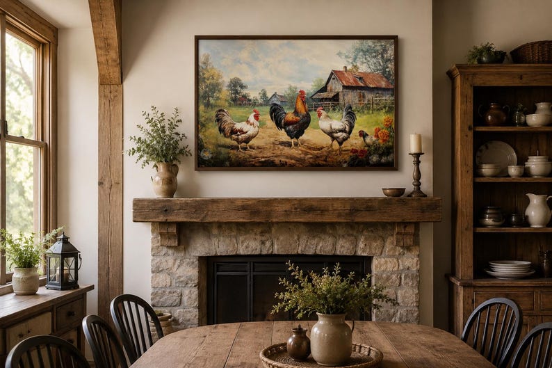 Farmhouse Wall Art, Roosters Chickens Retro Painting Canvas PRINT, Farm Wall Decor, Farm Kitchen Art Framed Unframed Ready to Hang image 14