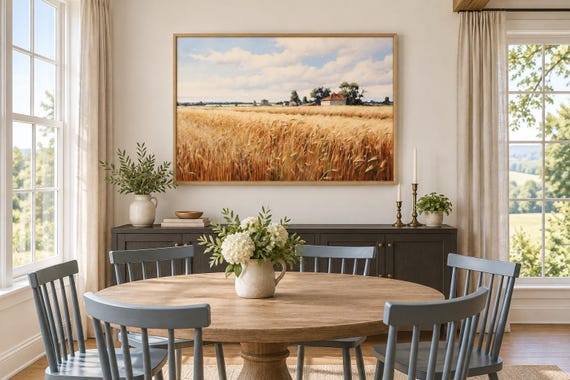 Farm Wall Art Rustic Wheat Field Landscape Painting Canvas Pint, Retro Farmhouse Decor Framed Ready To Hang