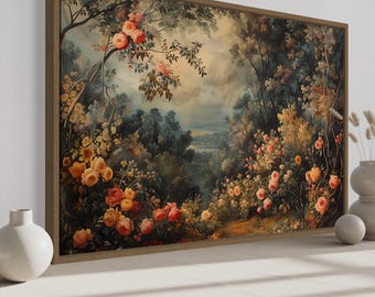 Antique Framed Tapestry European Garden Canvas Wall Art, Floral Landscape Rug Painting Canvas PRINT, Ready To Hang
