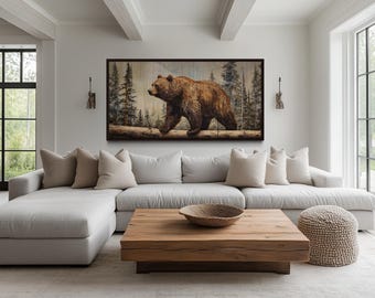 Grizzly Bear In Forest Painting On Wood Effect Canvas PRINT, Bear Wall Art,  Lodge Decor Rustic Cabin Wall Art, Extra Large Animal Wall Art