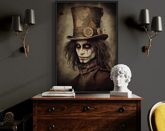 Gothic Mad Hatter In Wonderland Gemälde auf Leinwand, Dark Academia Wandkunst, gruselige Halloween-Dekoration, gerahmt, ungerahmt, fertig zum Aufhängen