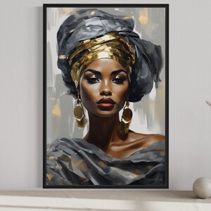 a framed painting of a woman with a headdress, displayed on a wall.