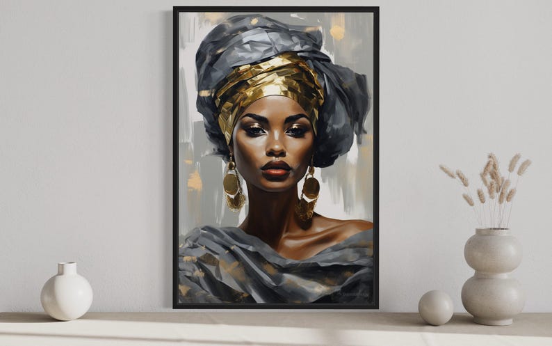 a framed painting of a woman with a headdress, displayed on a wall.