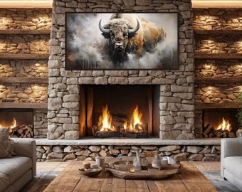 American Bison Wall Art, Abstract Buffalo Painting Dripping Paint Extra Large Canvas PRINT, Man Cave Wall Decor, Framed  Ready To Hang