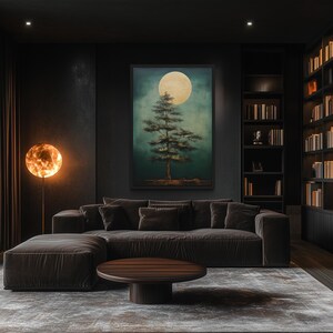 a modern living room with a large window, a dark color scheme, and a large painting of a tree on the wall. The room features a dark sofa, a wooden coffee table, and a bookshelf filled with books.