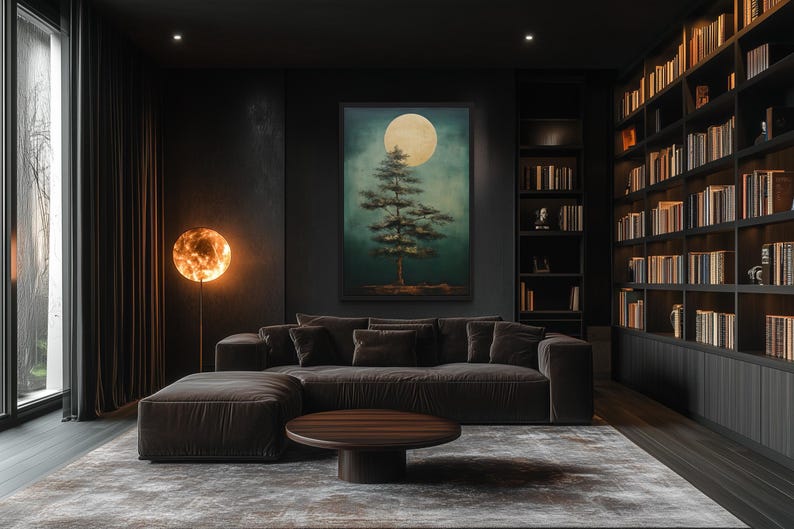 a modern living room with a large window, a dark color scheme, and a large painting of a tree on the wall. The room features a dark sofa, a wooden coffee table, and a bookshelf filled with books.