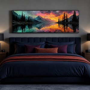 Mountain Sunset Lake Wall Art, Colorful Forest Reflection Canvas Print For Cabin Decor, Above Men Bed Art Framed Ready To Hang