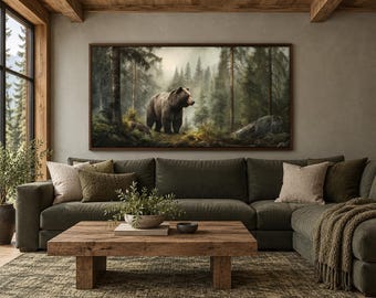 Brown Grizzly Bear Foggy Forest Painting Canvas PRINT, Bear Wall Art, Lodge Decor, Rustic Cabin Wall Decor, Extra Large Animal Wall Art
