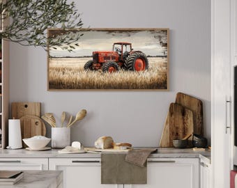 Red Tractor In Wheat Field Wall Art, Farm Landscape Rustic Painting Canvas Print, Farmhouse Kitchen Wall Decor Framed Ready To Hang