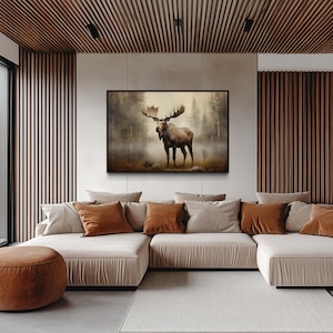 Moose Wall Art -  Rustic Cabin Decor - Moose In Foggy Forest Painting Canvas Print -  Framed Or Unframed Ready To Hang