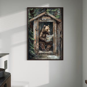 Bear In Outhouse Toilet In The Forest Reading Newspaper Painting Canvas, Farmhouse, Cabin Bathroom Decor, Rustic Decor Ready To Hang