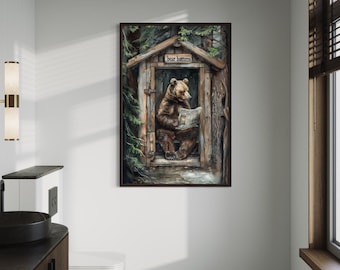 Bear In Outhouse Toilet In The Forest Reading Newspaper Painting Canvas, Farmhouse, Cabin Bathroom Decor, Rustic Decor Ready To Hang