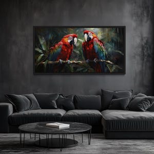 Tropical Wall Art Colorful Parrots Painting In The Jungle - Red Macaw In The Rainforest Extra Large Canvas print Framed Ready To Hang