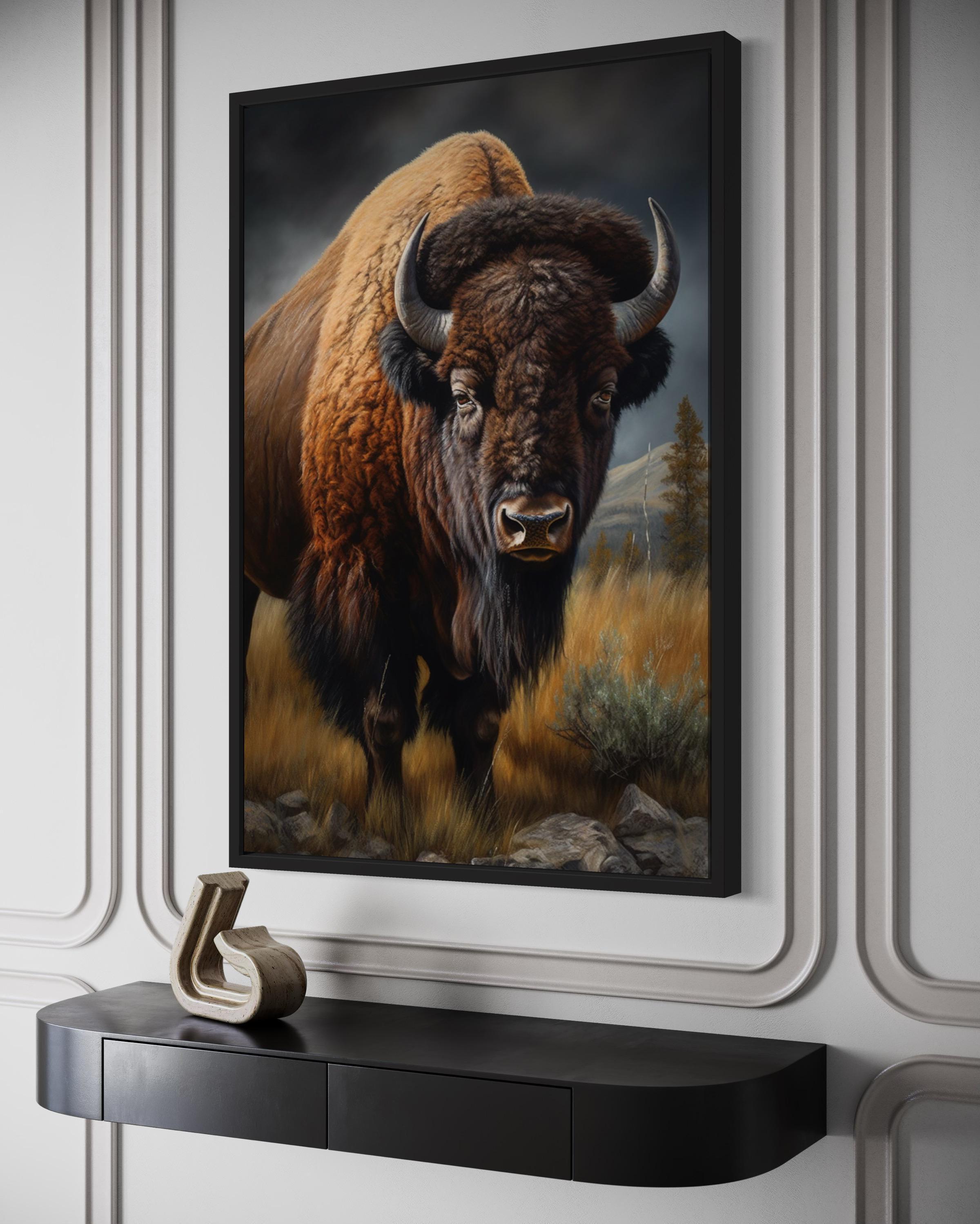 American Bison in Prairie Wall Art, Abstract Buffalo Painting Extra ...