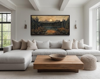 Cabin Wall Art - Layered Wood Rustic Pine Tree Forest Painting Canvas PRINT, Lodge Decor Autumn Wall Art, Framed Ready To Hang