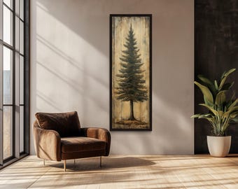 Tall Vertical Fir Tree Canvas Wall Art, Rustic Woodland Tree Print For Cabin Or Nature-Inspired Wall Decor Framed Ready To Hang